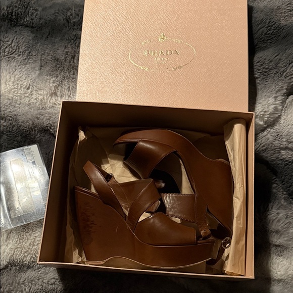 Prada Shoes - Prada Women's Brown Leather Wedge Sandals w/ Prada Box